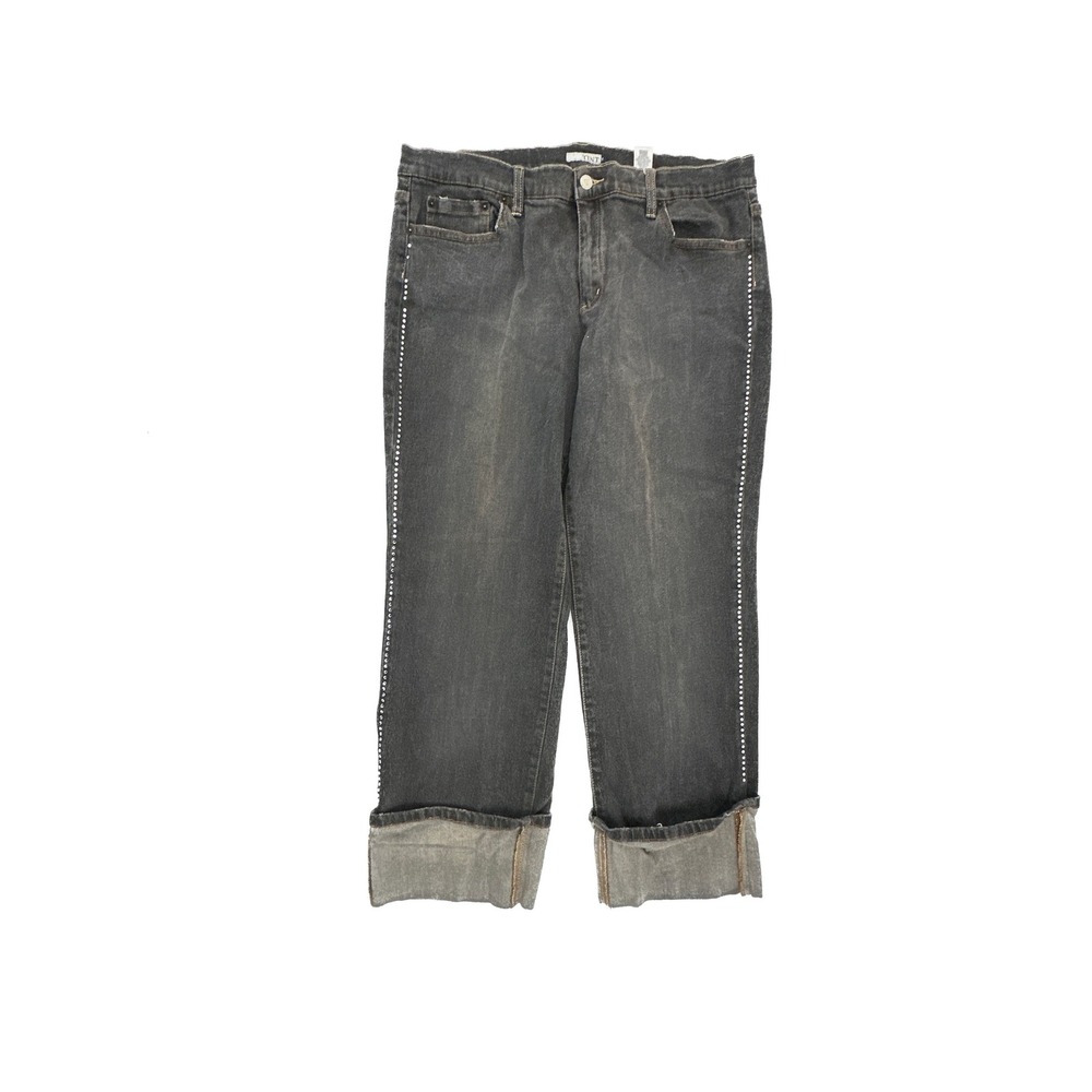 Tint Women Black Faded‎ Rhinestone Studded Cuffed Cropped Straight Leg Jeans 16